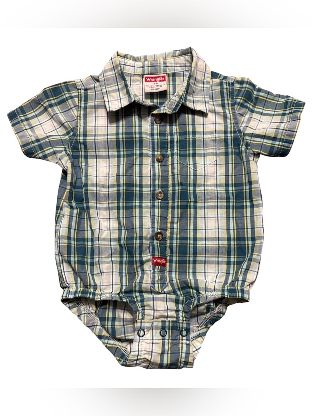 Wrangler Baby Plaid Button-Up Bodysuit 18M Green Yellow White